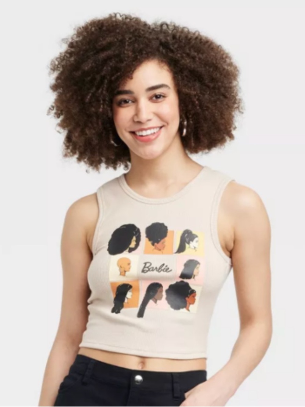 Barbie Cream Graphic Ribbed Crop Tank with Multicolor Hair Silhouette Print